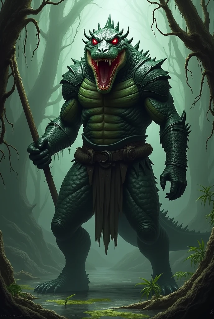 Male albino crocodile human hybrid, scarring, terrifying, angry, crocodile head, crocodile tail, alligator head, mouth, jaw, muscular, terrifying, 3d, realistic, in forest swamp, warrior, bloody, angry, A semi-medium long flaccid penis with foreskin visible, teeth, open mouth, Stick out her tongue, pee, testicles, saliva, ASS, feet, 1boy, lonely man,