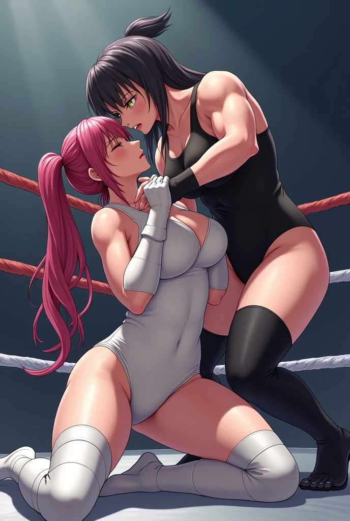 Cartoon picture of a woman wrestling another woman in the ring, asuka suit under clothes!, arabian wrestling woman, posing for a fight, Inspired by Ikuo Hirayama, anime barbie in white stockings, author：Ikuo Hirayama, in a boxing ring, asuka, ecchi anime style, wearing white straitjacket