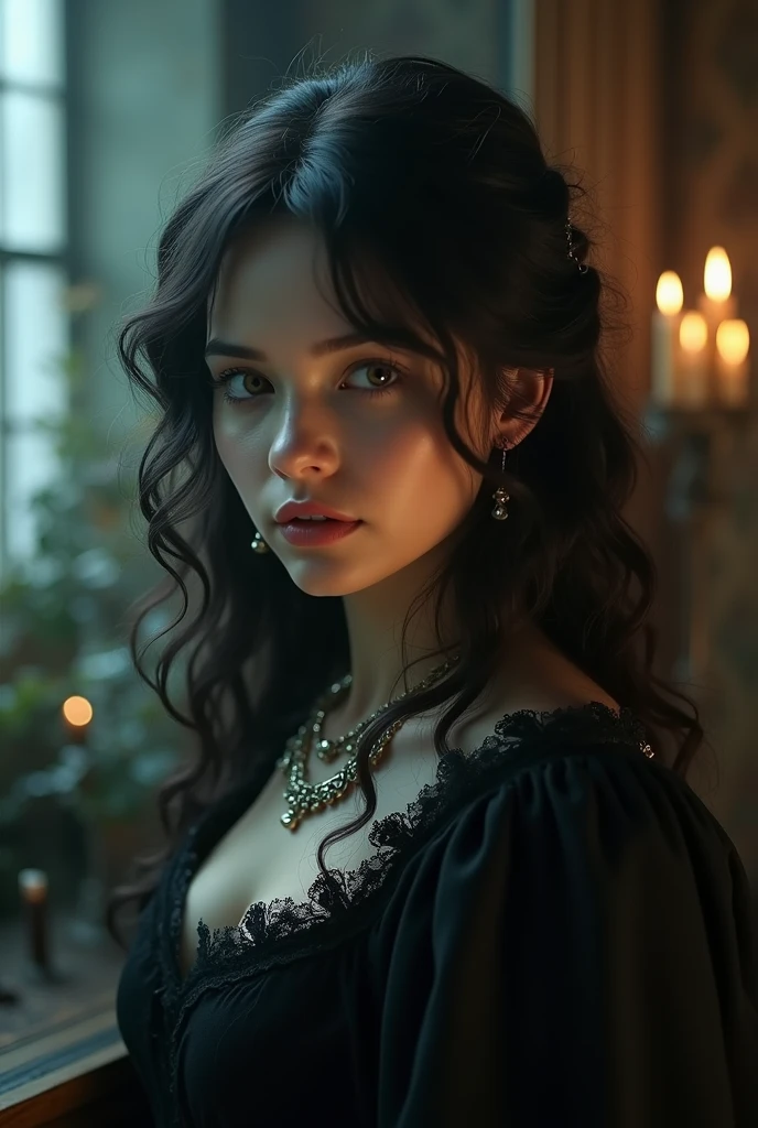 I want a woman sitting on her back, black wavy hair with lots of candles around with the dark room writing with a bird feather and an old Regency era paper