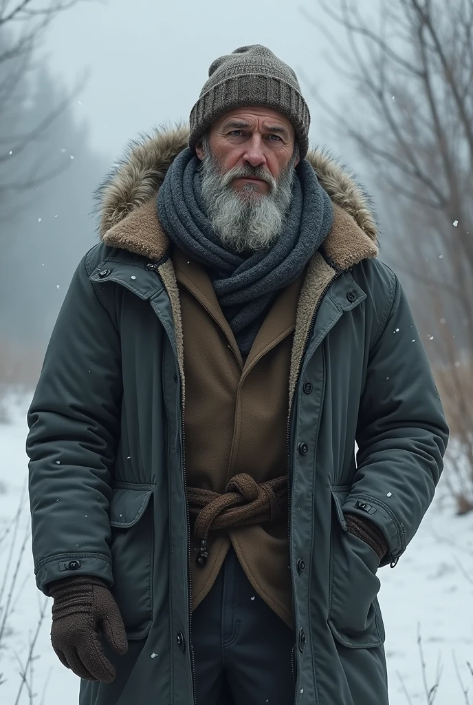 Mr. John is an elderly man in his late 70s, with a frail, thin frame. His face is weathered from years of hardship, with deep lines etched into his skin. He wears tattered clothes—an old jacket with holes, thin pants, and worn-out shoes. His beard is scruffy, and his hair is unkempt, showing the signs of living a difficult life on the streets. Write a scene where Mr. Harris encounters Mr. John outside his gate. Show Mr. Harris's concern and Mr. John’s resigned response to the cold.
