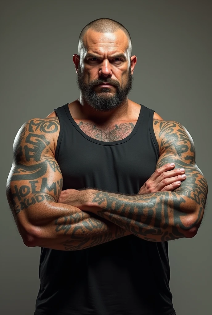 Huge nose, large, beefy white man with a black bushy mustache and a bald head, extremely hairy, lots of body hair, big round belly, sexy older man, mature, no hair on head, large nose, prominent nose, black mustache with silver hairs running through it, sexy, standing naked, flexing, dominant pose, extremely hairy body, republican, masculine man, muscled, sweaty, sexy, shiny bald head, big mustache, covered in tattoos, neck tattoos, arm tattoos, torso tattoos, private male parts exposed, big hands, daddy, lots of tattoos, bushy mustache, gray hairs, black body hair, mature man, older man