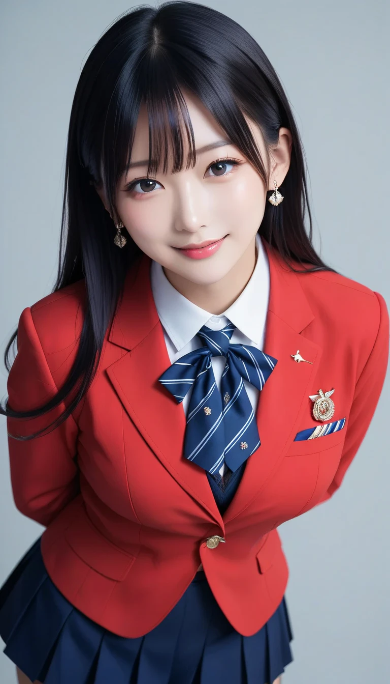 スコア_9, スコア_8_アップ, スコア_7_アップ, sアップer detailed, BREAK A breathtakingly beautiful Japanese woman with long, silky black hair, wearing a modern school uniform with a fitted blazer, short skirt, and tights. She has a radiant smile, stunning facial and eye details, and a confident yet graceful demeanor. She is posing in a classroom setting, leaning forward slightly with her hands placed behind her back, emphasizing her elegant posture. Her figure is curvaceous with a focus on her proportions, and the scene captures her in a dynamic position as she squats or does the splits. The atmosphere includes soft steam or light haze for added depth and realism. Ultra-high-definition, 32K resolution, masterpiece-level detail, Hausmo style.