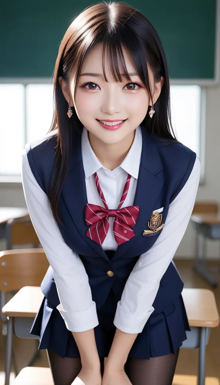 スコア_9, スコア_8_アップ, スコア_7_アップ, sアップer detailed, BREAK A breathtakingly beautiful Japanese woman with long, silky black hair, wearing a modern school uniform with a fitted blazer, short skirt, and tights. She has a radiant smile, stunning facial and eye details, and a confident yet graceful demeanor. She is posing in a classroom setting, leaning forward slightly with her hands placed behind her back, emphasizing her elegant posture. Her figure is curvaceous with a focus on her proportions, and the scene captures her in a dynamic position as she squats or does the splits. The atmosphere includes soft steam or light haze for added depth and realism. Ultra-high-definition, 32K resolution, masterpiece-level detail, Hausmo style.