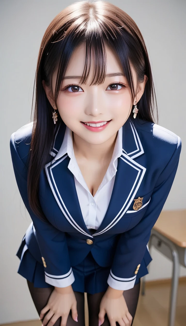 スコア_9, スコア_8_アップ, スコア_7_アップ, sアップer detailed, BREAK A breathtakingly beautiful Japanese woman with long, silky black hair, wearing a modern school uniform with a fitted blazer, short skirt, and tights. She has a radiant smile, stunning facial and eye details, and a confident yet graceful demeanor. She is posing in a classroom setting, leaning forward slightly with her hands placed behind her back, emphasizing her elegant posture. Her figure is curvaceous with a focus on her proportions, and the scene captures her in a dynamic position as she squats or does the splits. The atmosphere includes soft steam or light haze for added depth and realism. Ultra-high-definition, 32K resolution, masterpiece-level detail, Hausmo style.