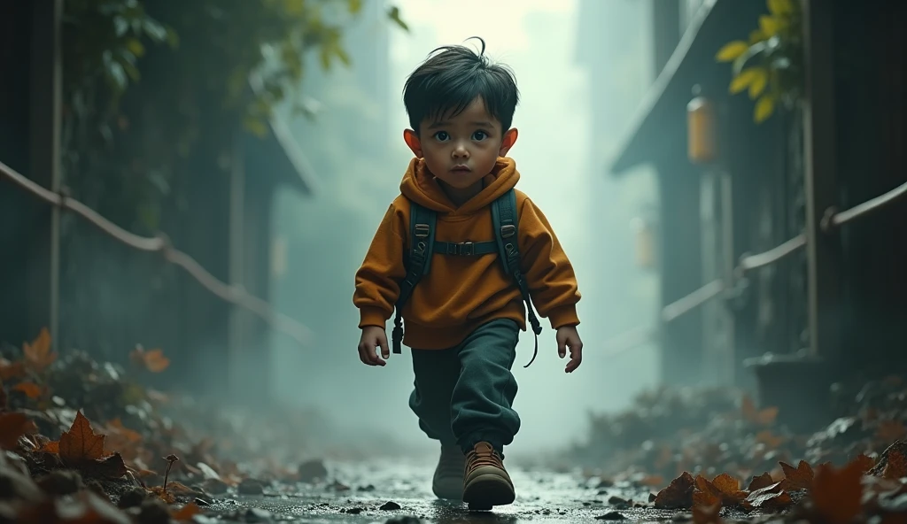 a little boy wearing a hoodie was running up the hill carrying a plastic bag containing food, with the effect of falling rain water soaking him with a religious natural feel. in the form of long distance shots.