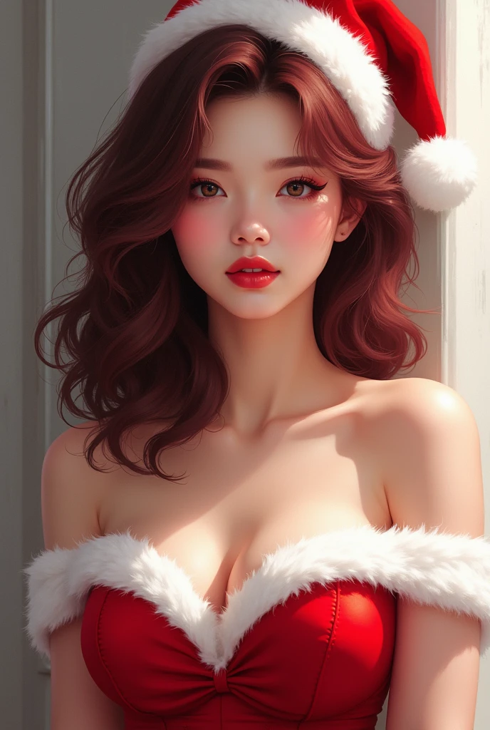 Red knitwear, turtleneck, red costume of Santa Claus, (open all buttons: 1.1), Santa Claus hat, smile, smile, big, big breasts, deep cleavage, chest hugging, top quality, masterpiece, illustration, very delicate and beautiful, very detailed, CG, 8K wallpaper, amazing, fine details, highly detailed CG, Unity, 8K wallpaper, Huge file size, very detailed, high resolution, well-groomed detail woman, very detailed big eyes and face, amazing detailed eyes, face light, (Best Illustration: 1.1), Ultra High Resolution, (Photoreal: 1.1), (Photoreal: 1.2:1.1), Realistic Face Proportions, Slender, Smile, (Makeup: 0.4), (Fluffy Pale Colored Eyes: 1.21), Light Colored Eyes, Round eyes, gaze to look at the beholder, dark brown hair, earrings, necklace, hairpin, (irregular irregular skin imperfections, veins, skin pores: 1.2), white background, (bokeh: 1.4), straight hair, very short hair, short bob hair, little bangs, gloss on skin, gloss on face, gloss on lips, gloss on chest, gloss on skin, smile, smiling, teeth, beautiful alignment, Long neck, big eyes, clear eyes, clear double eyelids, put out both ears, tremendously cute, overwhelming beauty, highlight in the eyes, chest closer, face forward, body facing the viewer, put your hand on the cheek, perfect and detailed and beautiful hand, perfect and detailed and beautiful fingers, precise number of arms, precise number of fingers, reach out to the camera