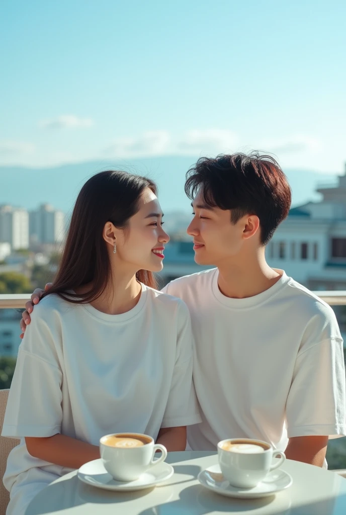 A man and a woman in loose, refreshing clothes are rubbing cheeks together、Looking straight at the camera and smiling, The background is a plain gray gradient, Close-up