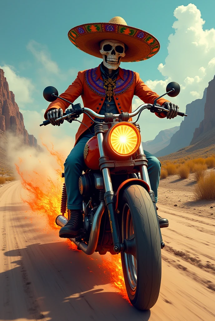 High quality masterpiece, funny male pixar style skulls, riding motorcycles, celebrating the day of the dead, with traditional Mexican offerings,  colorful and detailed, decorations, glowing lights, festive and mystical atmosphere, Sugar skulls, confetti, candles, flores, vibrant colors.