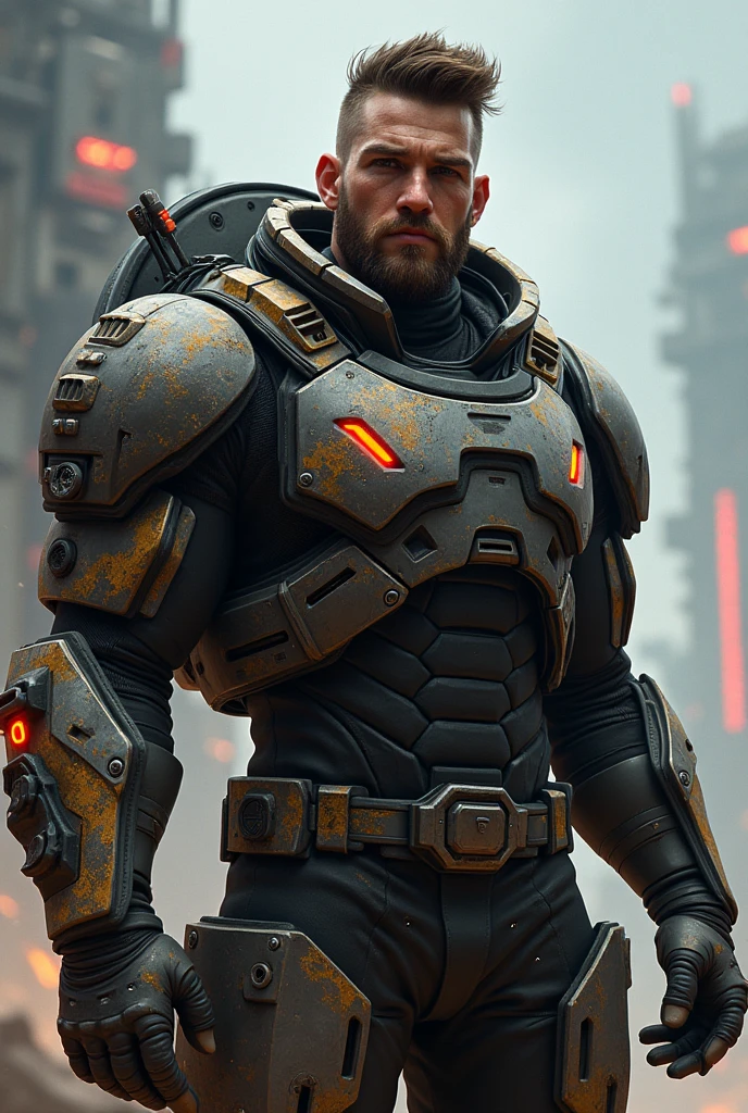 Olhar sombrio, veste militar elite, tattoo body, muscle body, barba grande, submundo, red and turquoise explosion, guerra, campo de batalha, sozinho, chuve leve, dirigivel caindo, armamento pesado, psicopata, coringa, escrisiofenia aguda, corpo inteiro, marvel cyberpunk estilo de imagem, semi realista. Dolly