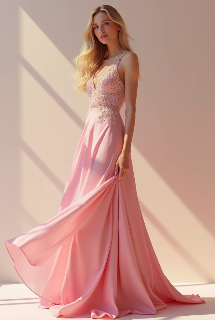 ONE WOMAN ONLY, Canadian, 23 years, pale skin and freckles, grey eyes, delicate nose, Soft and delicate lips, distant, far, Wavy, waist-length blonde hair, Sweet smile, Face with delicate female facial features., highly rendered, showing his foot