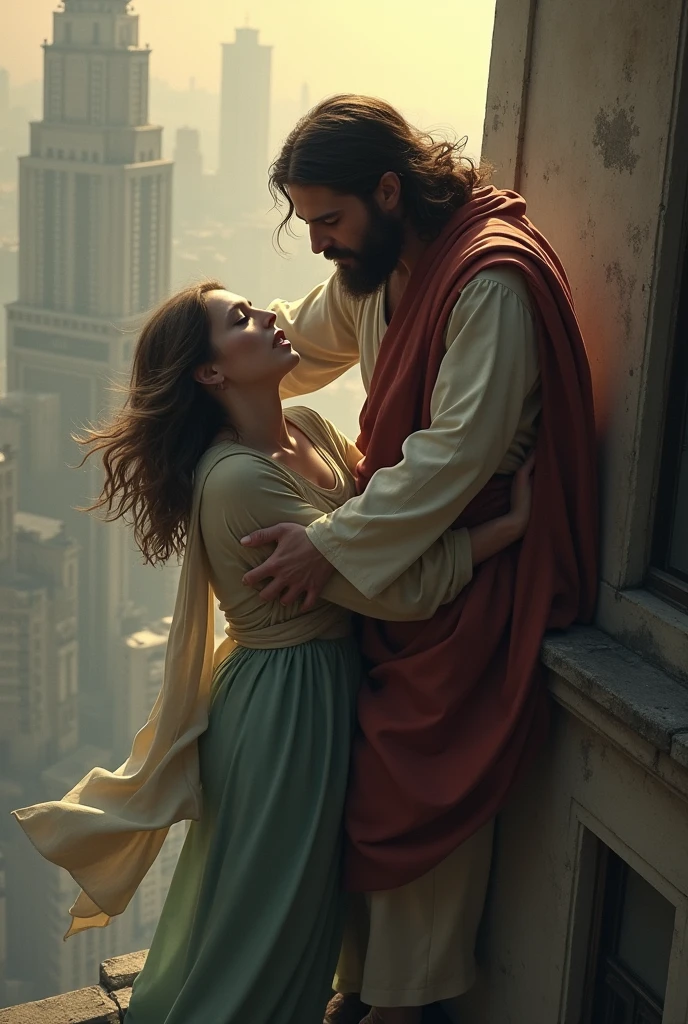 3D poster Jesus hug a weeping brown-haired girl in the middle of the street, with rain and people around who don't notice the scene