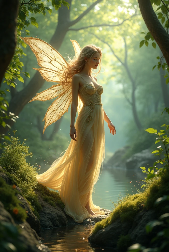 (best qualityer,4K,8k,high resolution,work of art:1.2),ultra detali,(realisitic,photorealisitic,photo-realisitic:1.37),forst,captivating female Dryad creature,Enchanted ethereal landscape,lush vegetation,majestic ancient trees,Magical sunlight flowing through the branches,soft, shiny moss covering the ground,Weak transparent wings,delicate flowers blooming around you,fascinating eyes that emit a soft glow,serene expression,graceful pose,artistic interpretation,Subtle color palette,mystical atmosphere,playful and whimsical elements,mesmerizing presence,harmonious blend of the Dryad with her surroundings,feeling of immersive fantasy,natural and realisitic lighting, queen with crown of thorns and flowers
