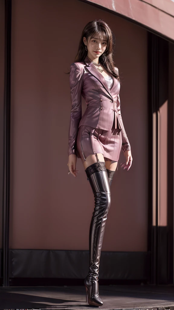 realistic, realism, photorealism, photo-realistic, high contrast, (photorealistic:1.4), 8k high definition detailed realistic, (best quality, masterpiece:1.2), NSFW, photon mapping, radiosity, physically-based rendering, best quality, highly detailed, 1girl, owwm, long hair, skirt, high heels, purple dress, purple thigh high latex boots
