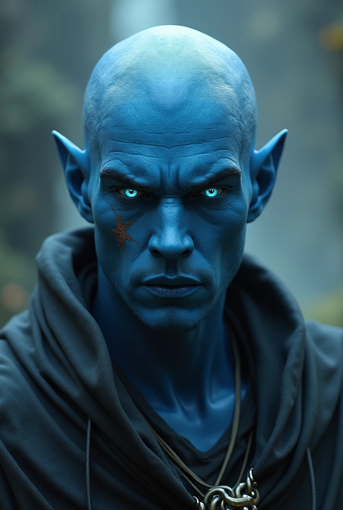 Blue shirtless bald man, (royal blue skin: 1.5), (covered with ugly scars and burns: 1.3), evil smirk, forest backdrop, attacking