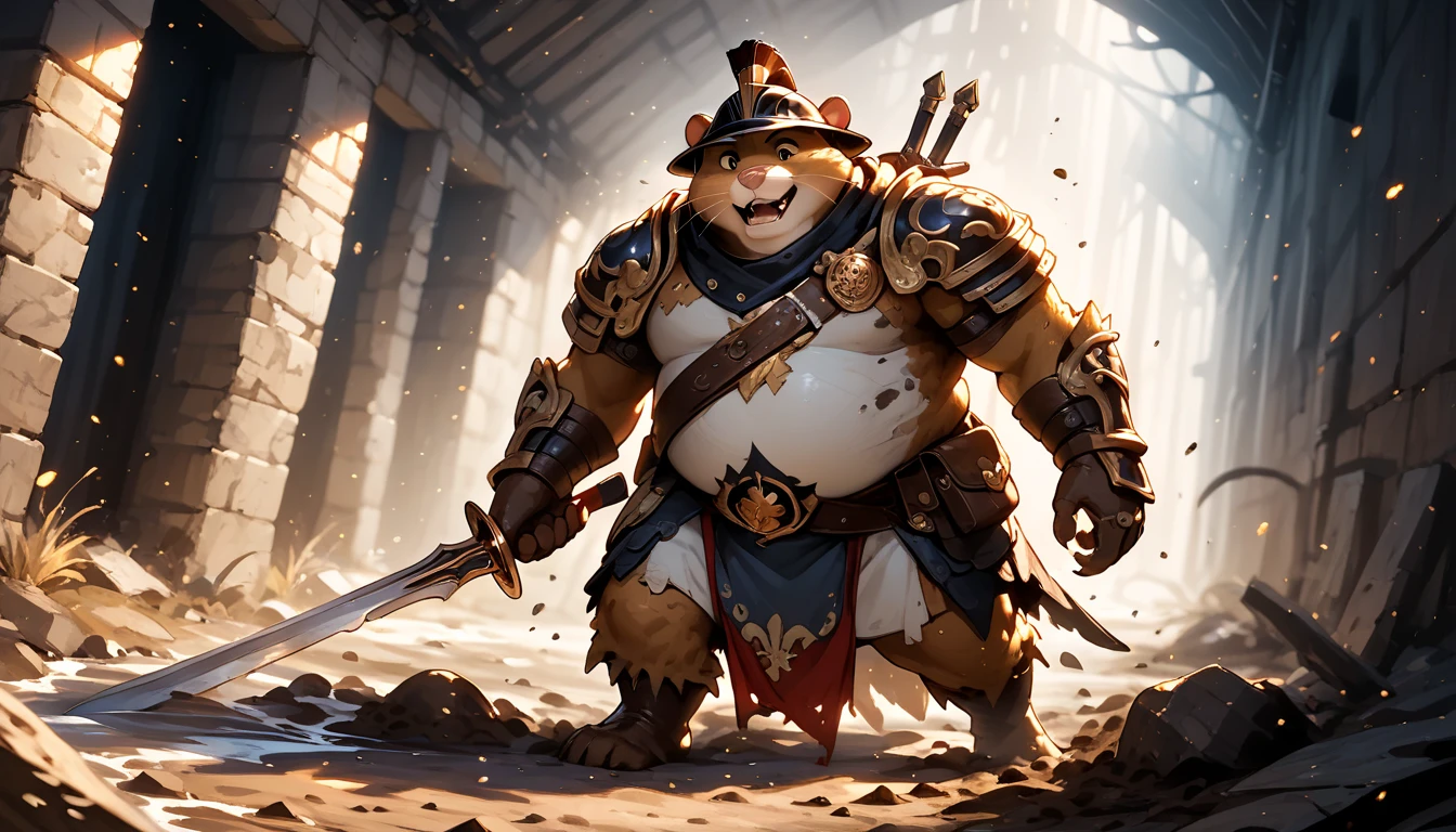 a breathtakingly detailed, high-contrast illustration of a colossal, anthropomorphic white overweight hamster, dressed in worn, rusted light plate armor with a golden trim, and supple leather boots and a fancy helmet, grasping a mighty, glowing sword in its trotter, standing heroically in the midst of a dimly lit, mist-shrouded underground dungeon, as it valiantly battles a gargantuan, mud slime monster with scales as black as coal, its eyes aglow like embers, the air thick with tension, the stone walls cracked and worn, with ancient, mysterious runes etched into the walls, casting an eerie, flickering glow, in ultra-high resolution.