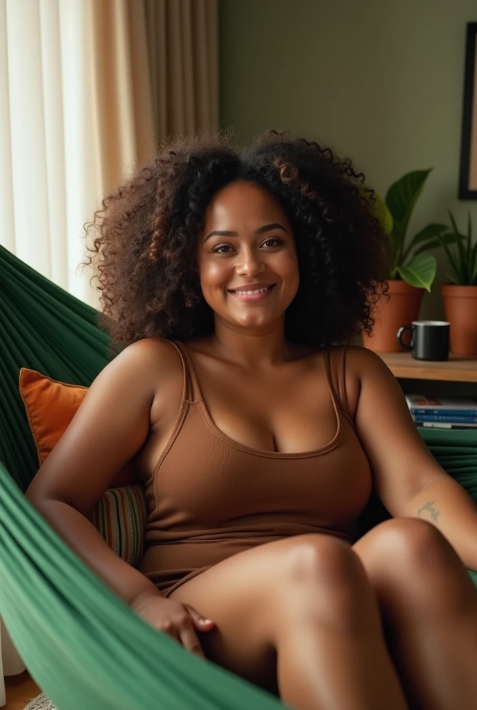 A fat white brunette girl with curly hair and big breasts sits with her legs stretched out, taking a realistic photo