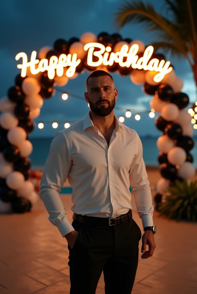 (8K, RAW photo, Highest quality) masterpiece, 1 boy, muscular man Look back at viewer, standing backward, showing his huge butt, round ass, narrow waist, ass up pose, he is holding a plate with a birthday anniversary cake. The cake is big-sized, Huge birthday cake.Handsome, Topless, Thick body hair, man wearing underwear thong, birthday background, Sparkle & Sequin Backdrops , cinematic lighting, UHD
