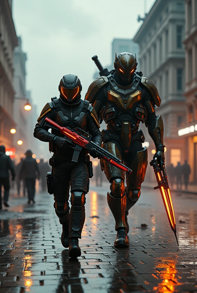 (high-quality concept art, best illustration, ultra-detailed CG unity 8k wallpaper), black jumpsuit, combat vest with light padding, gasmask with a glowing red visor, (holding a rifle), formidable enemy, intense lighting, dramatic shadows.