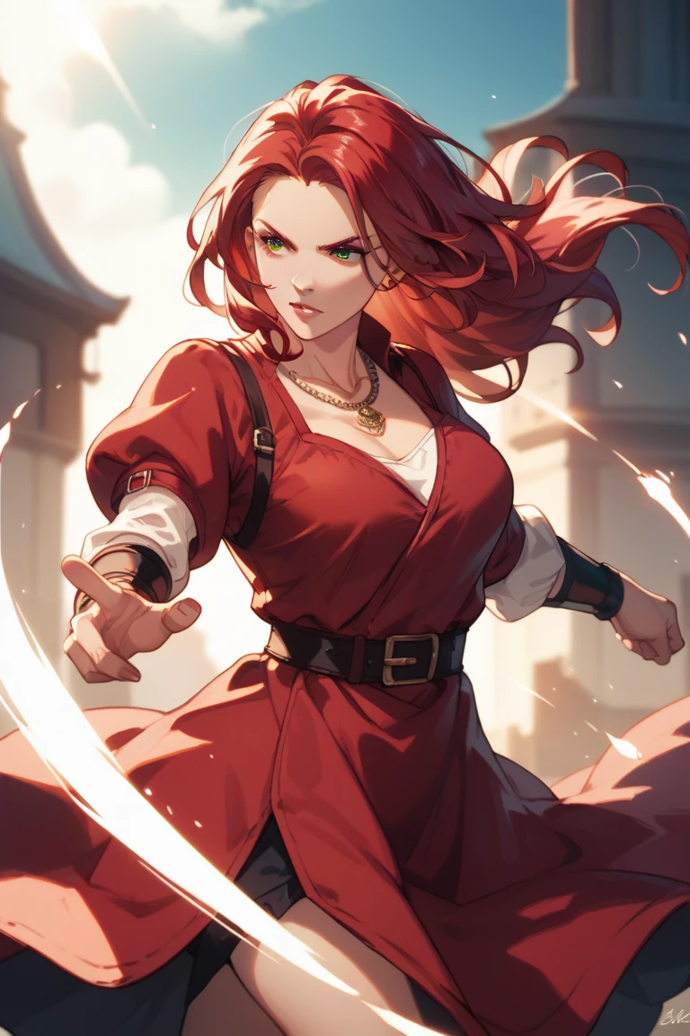 woman long rich red hair, tunic, glowing beams of light extending from hands, fighting stance, necklace