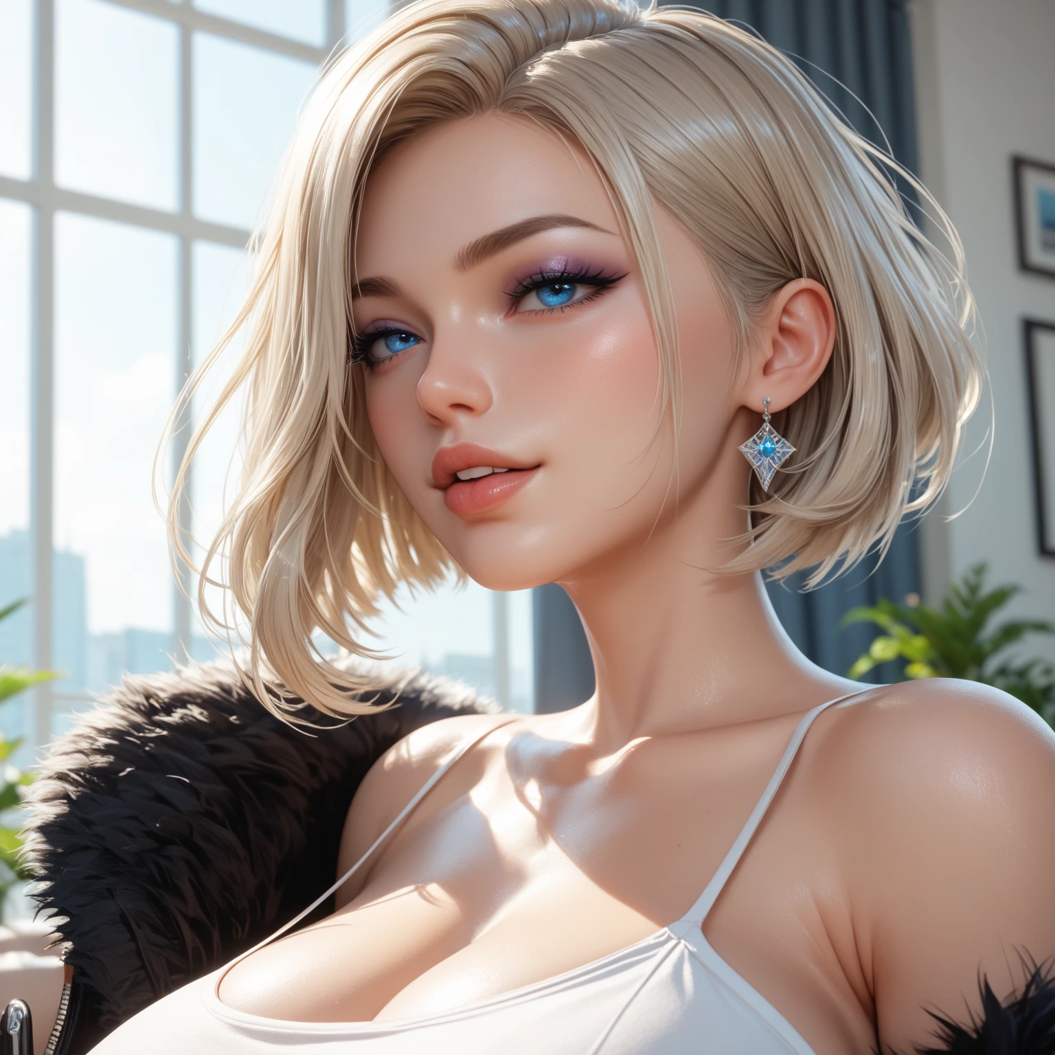 NSFW, erotic, perfect body, sexy, best quality, clear quality, high quality, 4K, 8k, одна  woman , сексуальная  woman ,  platinum blonde ,  big breasts, 1 girl face . Main Person, female Face in the frame,  Short hair, square,  big female  ,  woman ,  blue-eyed blonde with short hair WANTS, groans, mouth slightly open