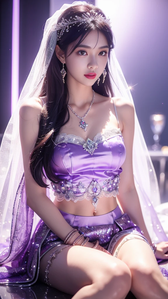 4K, UHD, masterpeice, 1 girl, good face, happy face, ((white skin)), detailed eyes, detailed lipstick, very long hair, straight hair, very long hair, beautiful hair, hair ornaments, hairband, gradient hair, ((blue mesh)), ((princess clothing)), ((decorated clothing)), ((sardine)), ((sparkle clothing)), ((purple lace)), ((diamond bracelet)), ((pendant)), ornaments, necklace, earring, high lighting, ((in the wedding stage)), fujicolor, depth of field, ray tracing, ultra realistic detailes,
