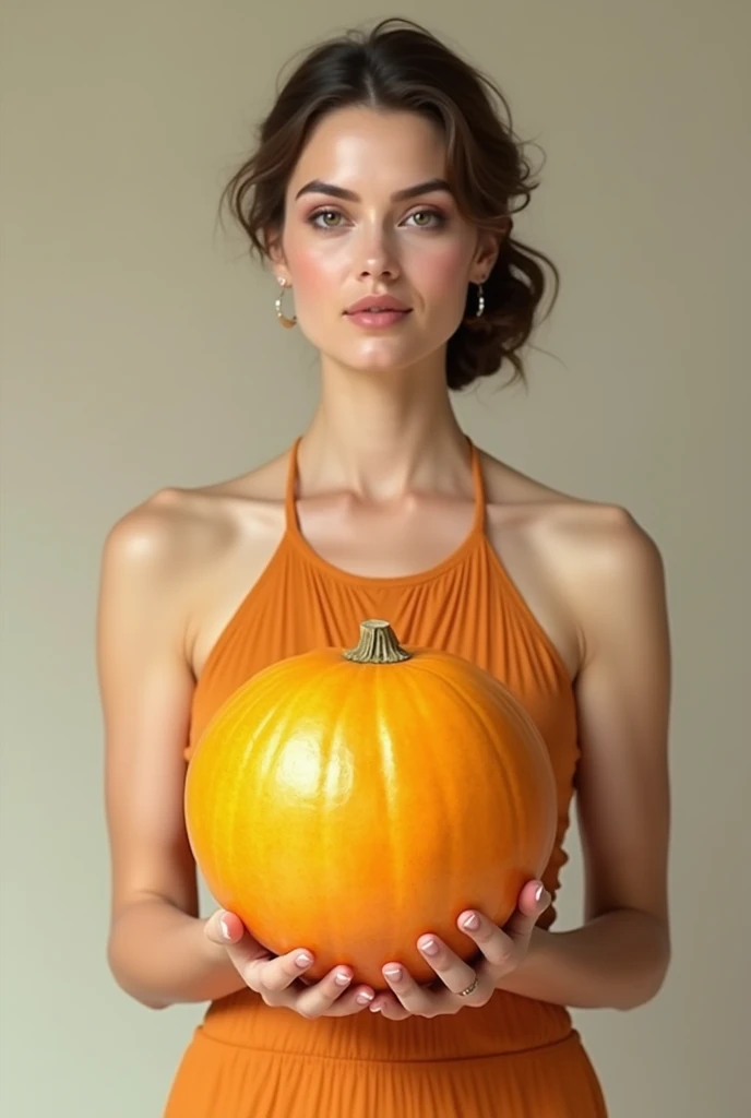 photo RAW,(a beautiful smiling lady laying, portrait from the chest up, pumpkin themed,(dynamic pose)), masterpiece, award winning photography, natural light, perfect composition, high detail, hyper realistic