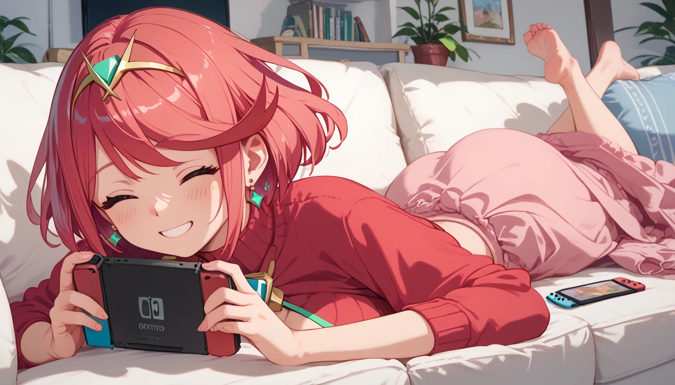 masterpiece, maximum quality, 4k, detailed, lying on sofa, lying on stomach, long skirt and sweater, pyra, happy, holding nintendo switch, smiling, closed eyes