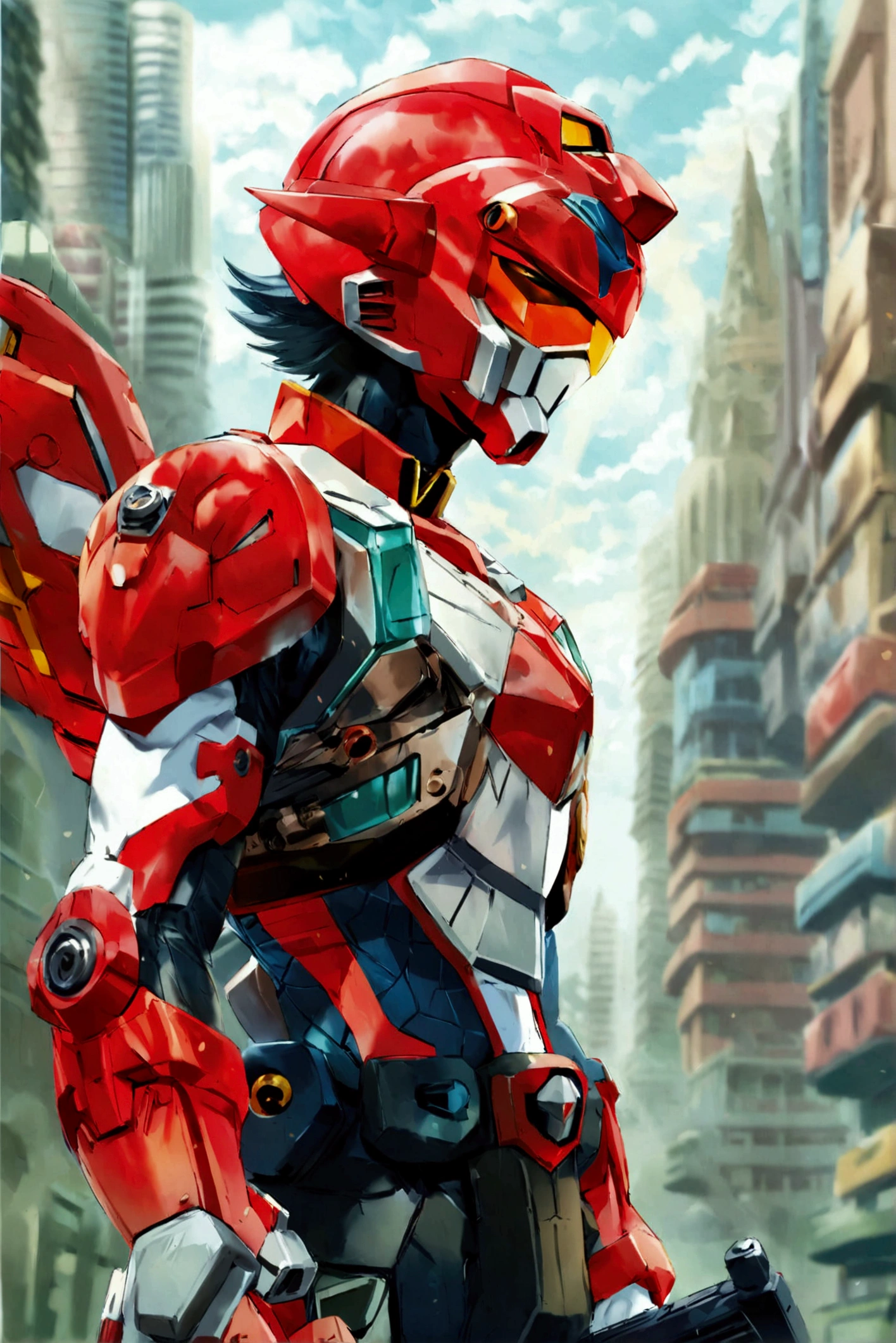 A highly detailed anime-style digital illustration of Red Buster, the main hero from the Super Sentai series Tokumei Sentai Go-Busters. Red Buster, whose real name is Hiromu Sakurada, is a skilled young mecha pilot who fights against the villain organization Vagras alongside his teammates. In the illustration, Red Buster is depicted in his signature red and white color scheme, with his sleek mecha suit and helmet design. He is in a dynamic pose, with one hand on his hip and the other holding a rifle. There are action elements, such as a laser beam shooting from the rifle. The background is a futuristic city with tall buildings. The image has intricate textures, lighting, and shading, giving it a vibrant, high-quality anime aesthetic.