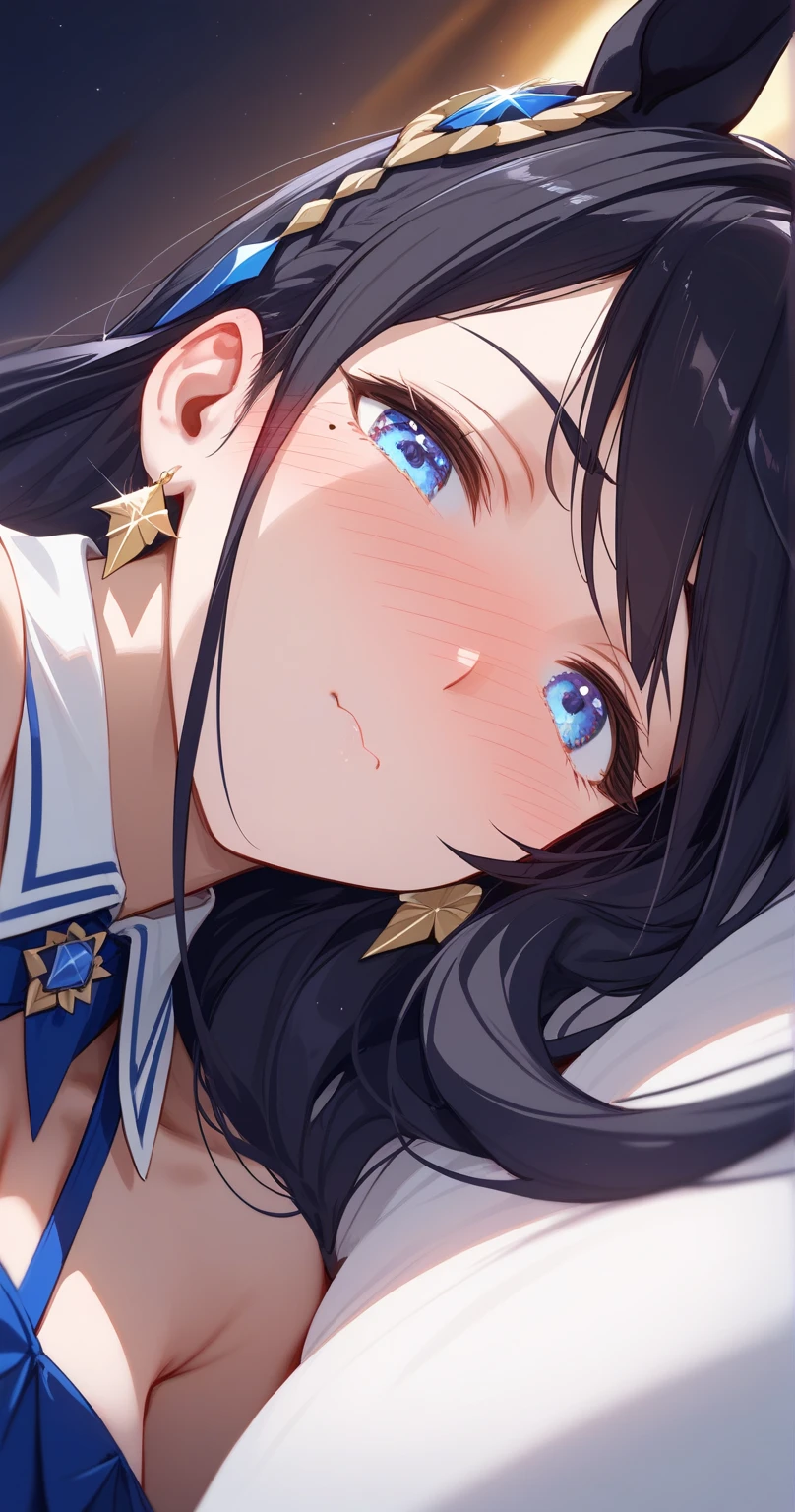 navy Slip dress,verxina \(umamusume\), 1girl, horse ears, horse tail, detached collar, hair ornament, mole under eye, earrings,black hair,long hair、
BREAK
25 year old woman、slender body、 beautiful feet、medium breasts,sexy Lip,looking at viewer ,nose blush,embarrassed,(close mouth:1.3), (liying on side:1.3)
BREAK
high definition , masterpiece,  anatomically correct ,  very detailed,  High Quality 
BREAK
bedroom at night,POV,from side,(close-up:1.1)