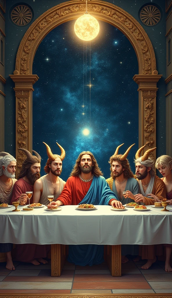 change all people in the last supper painting to,
angel with wings,
alien with big eyes,
satan with smile face have horn forhead, gokou with supersaiyan god,
mr bean young,
and the middle is jesus mohank hairstyle, with gun
and the background is last supper