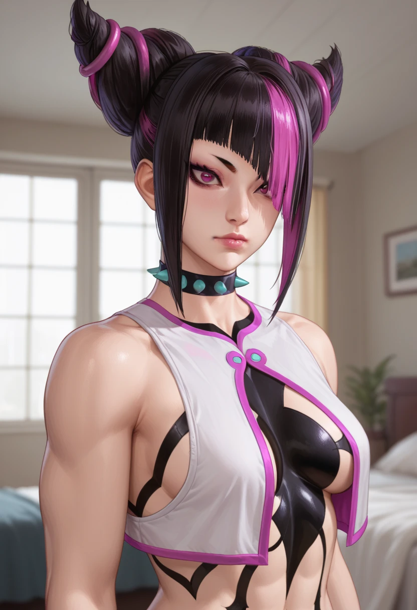 (masterpiece, best quality:1.2), 1girl, solo, Juri Han from Street Fighter 6, Standing in the center of a dimly lit room is Juri. Her hair is styled into two large buns on either side of her head, with pink and purple streaks adding a pop of color to her dark locks. She looks directly at the camera, her expression serious but intriguing. She is dressed in an outfit that contrasts sharply with the muted tones of the room. The top half of her body is white, adorned with pink and purple accents that echo the colors of her hair. A choker around her neck adds a touch of elegance to her look. The background is blurred, drawing the focus to her, but it appears to be an indoor setting with large windows letting in natural light. The overall atmosphere suggests a scene from a video game or a stylized photograph.