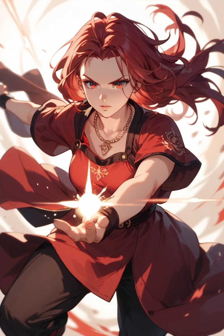 woman long rich red hair, tunic, glowing beams of light extending from hands, fighting stance, necklace