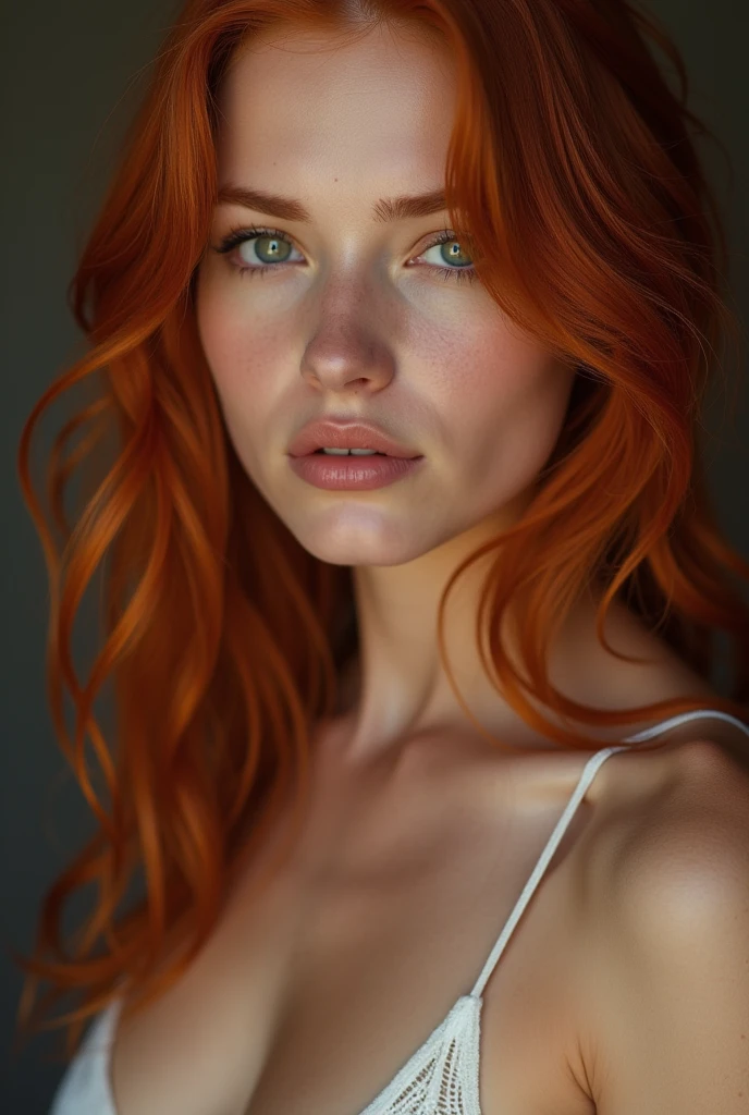 extreme close-up portrait, ultra realistic, photography, long straight red hair, (30 years old, green eyes, hourglass figure, perfect body, natural medium breasts), Long eye lashes, seductive eyes, Award Winning Glamour Photograph extremely detailed award winning glamour photograph, front lit, HDR, she wears a tight roundneck t-shirt, she has a flirty look and her lips are slightly parted,