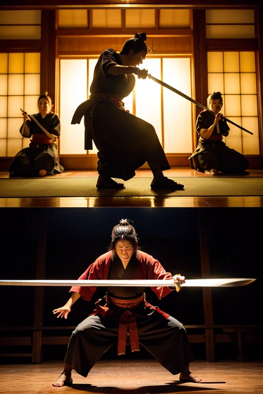 (still from live action movie: 1.2，red color Hanfu:1.3，swordsmen:1.2,Cinematic action scenes, Female Musha:1.2, Martial arts position, The action is intense,Cinematic lens effects:1.15, Detailed description of the fight scene)
