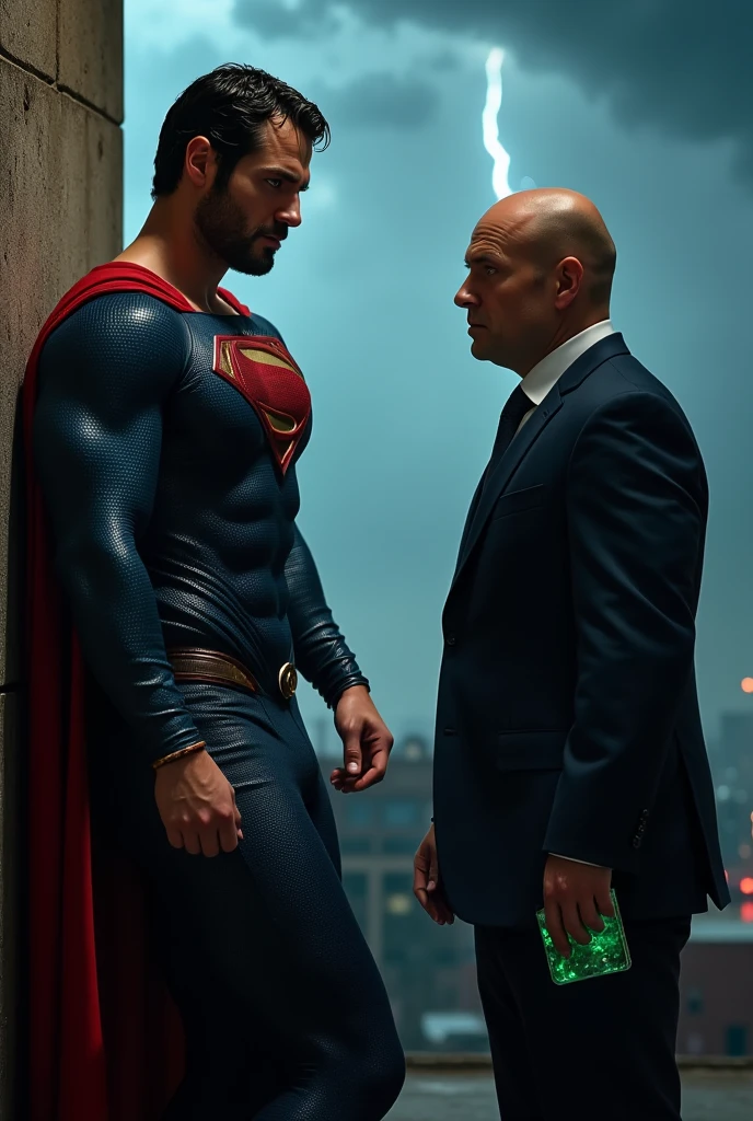 A muscular attractive h3nr4, Henry Cavil with Short stubble, strong physique, muscular thighs, Sexy and charming expression，gloomy eyes，Blue eyes, wetclothes, dressed in tight blue Superman suit, a red cape falls behind his shoulders, and he wears red boots, leaning against a wall, in pain, with one hand clutching his side as if in pain, orgasm face, eyes closed, mouth open. Standing next to Henry is a bald man, dressed in a dark suit, holding a small glowing green crystal in his hand. Dark clouds lightning background, night lighting, cinematic and moody, (best quality,4k,8k,highres,masterpiece:1.2),ultra-detailed,(realistic,photorealistic,photo-realistic:1.37),HDR,studio lighting,professional,vivid colors,dramatic lighting