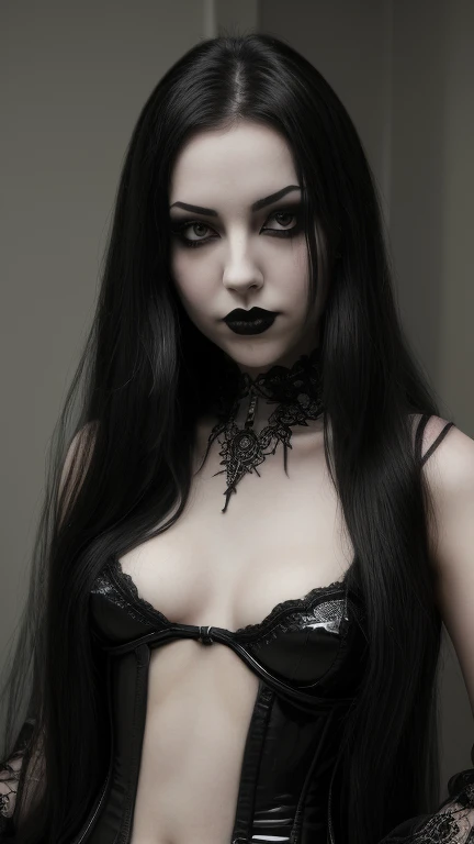 (best quality,4k,8k,highres,masterpiece:1.2),ultra-detailed,(realistic, photorealistic, photo-realistic:1.37),concept art full-length portrait of young beautiful woman, high saturation, detailed eyes, detailed lips, long black  hair flowing in the wind, pale skin, lacy goth clothing, expressive facial expression, cleft chin, vivid colours, studio lighting, subtle shadows, sharp focus, ethereal feel, black hair, black lipstick, intense gaze, elaborate red and gold jewellery, elaborate makeup, goth theme, alluring presence, night time setting, dramatic lighting, creative composition, underlying sense of mystery, striking and captivating, subtle hues of silver and black, contrast between light and dark, haunting beauty, transcends reality, dimly lit room, smoke and mist effects, subtle reflections, subtle glow from candles and lanterns, heavy goth aesthetics.

goth_costume, lace
