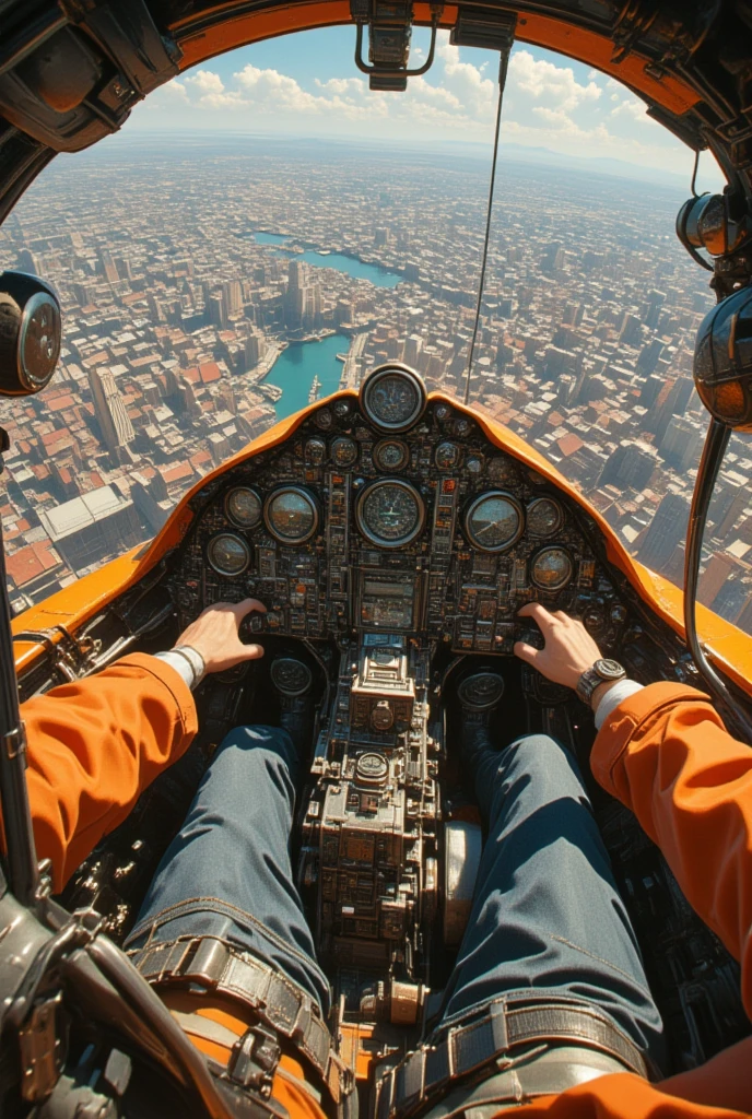  steampunk/  steampunk/  steampunk, １6th century 、１6th century のヨーロッパの街並み、 airplane cockpit , Small instruments 、(((first person、 one pilot's hands and legs )))、Analog Instruments ,  hardened plastic aircraft 、 Hardened Plastic Canopies,  Extremely Precise Instruments 、The city that spreads out below your eyes 、 cockpit with a very good view