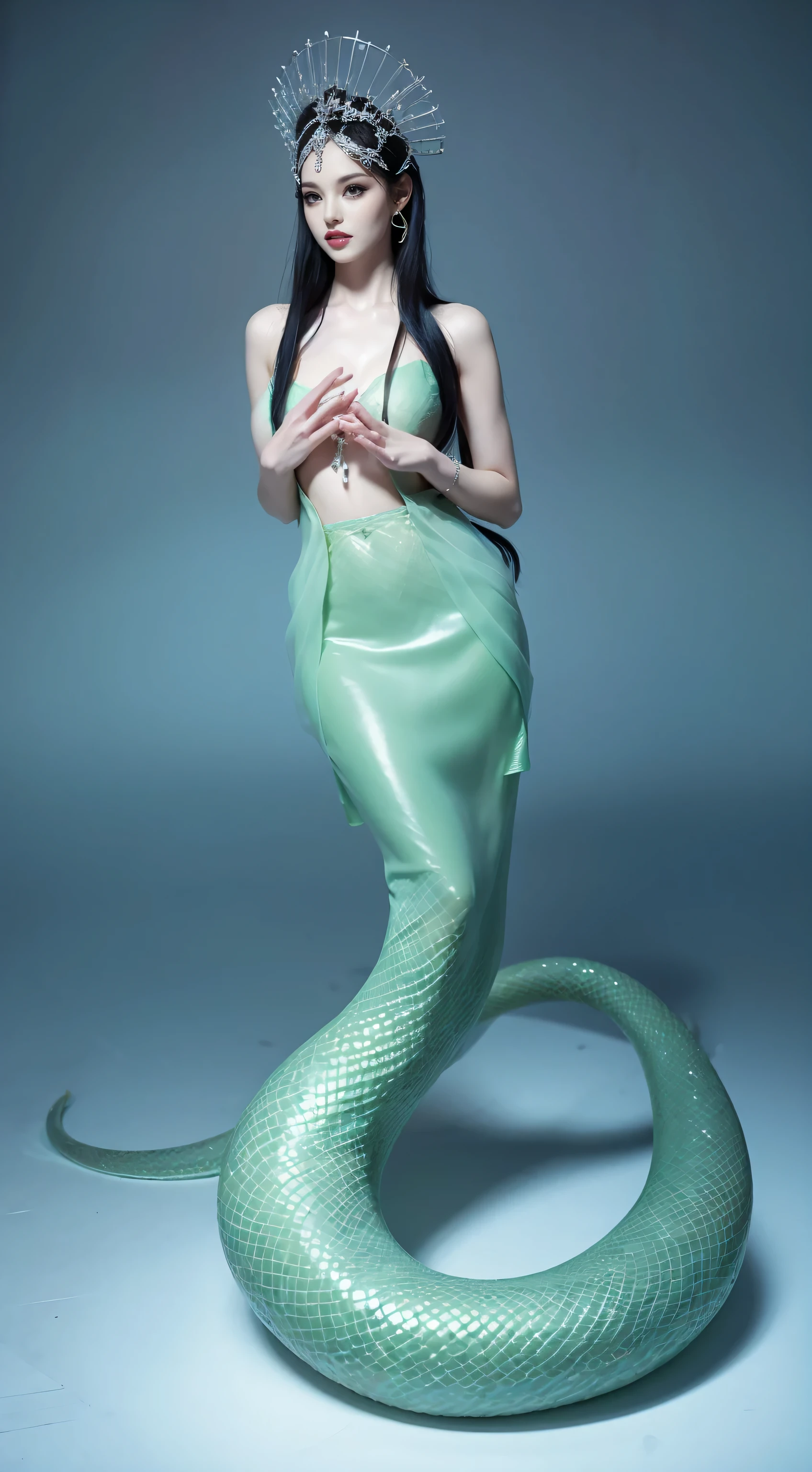 《Green Snake》，Xiaoqing，（masterpiece，Ultra-clear，high quality，CG）RAW photos，（Mermaid：1.2），（long snake tail：1.3），long hair，Accessories，Exquisite makeup，Detailed facial features，clavicle，Big breasts and thin waist，Skin smooth and delicate，Detailed hands，Reflective scales，（Transparent cyan tulle skirt），Aesthetic，Long-distance full-body image，8K