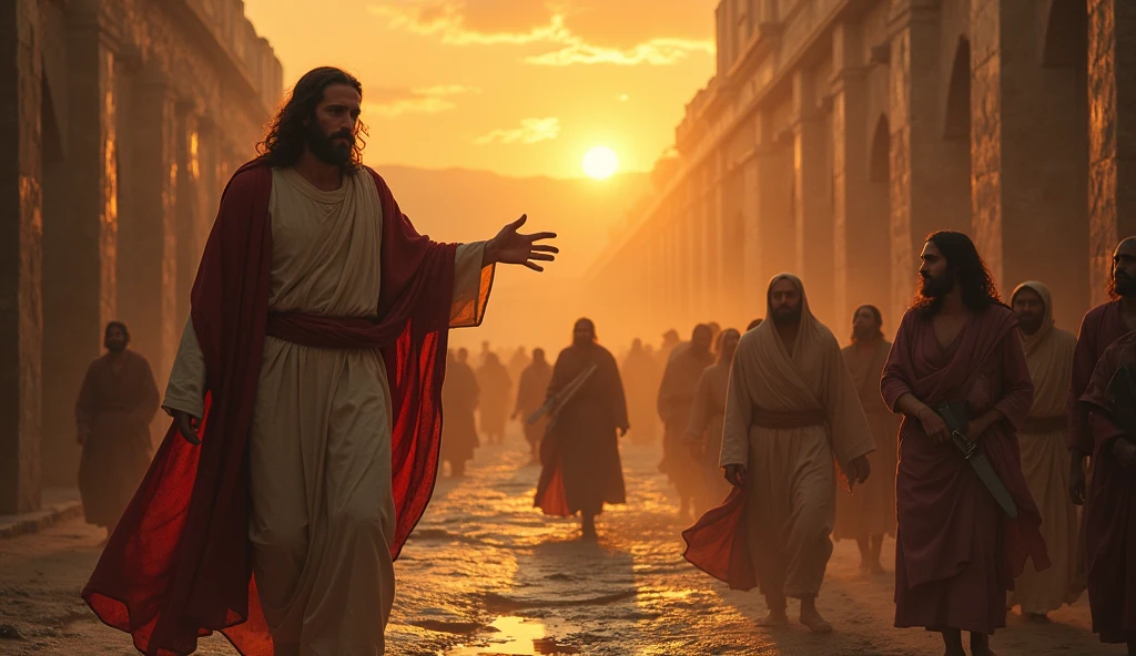 Jesus Christ with His disciples walking among the crowds, ultra realista, 4k, fundo escuro