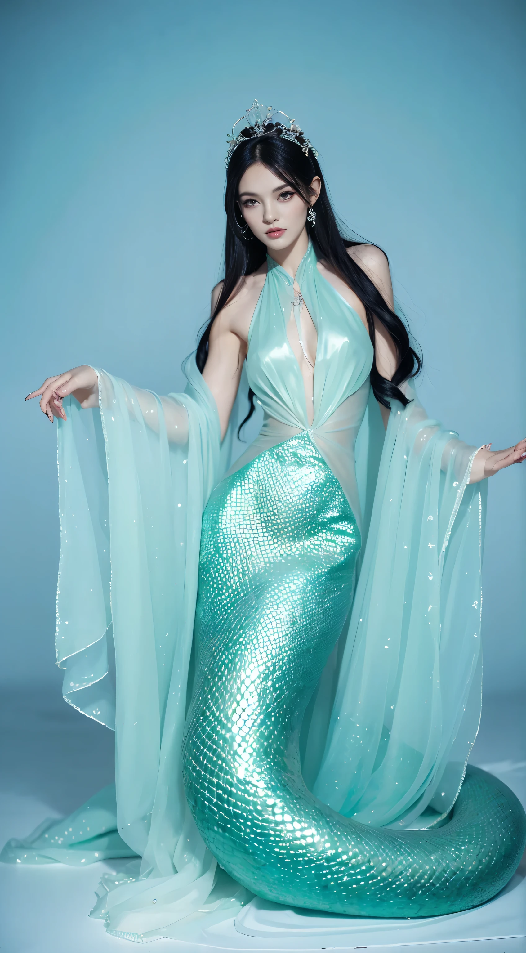 《Green Snake》，Xiaoqing，（masterpiece，Ultra-clear，high quality，CG）RAW photos，（Mermaid：1.2），（long snake tail：1.3），long hair，Accessories，Exquisite makeup，Detailed facial features，clavicle，Big breasts and thin waist，Skin smooth and delicate，Detailed hands，Reflective scales，（Transparent cyan tulle skirt），Aesthetic，Long-distance full-body image，8K