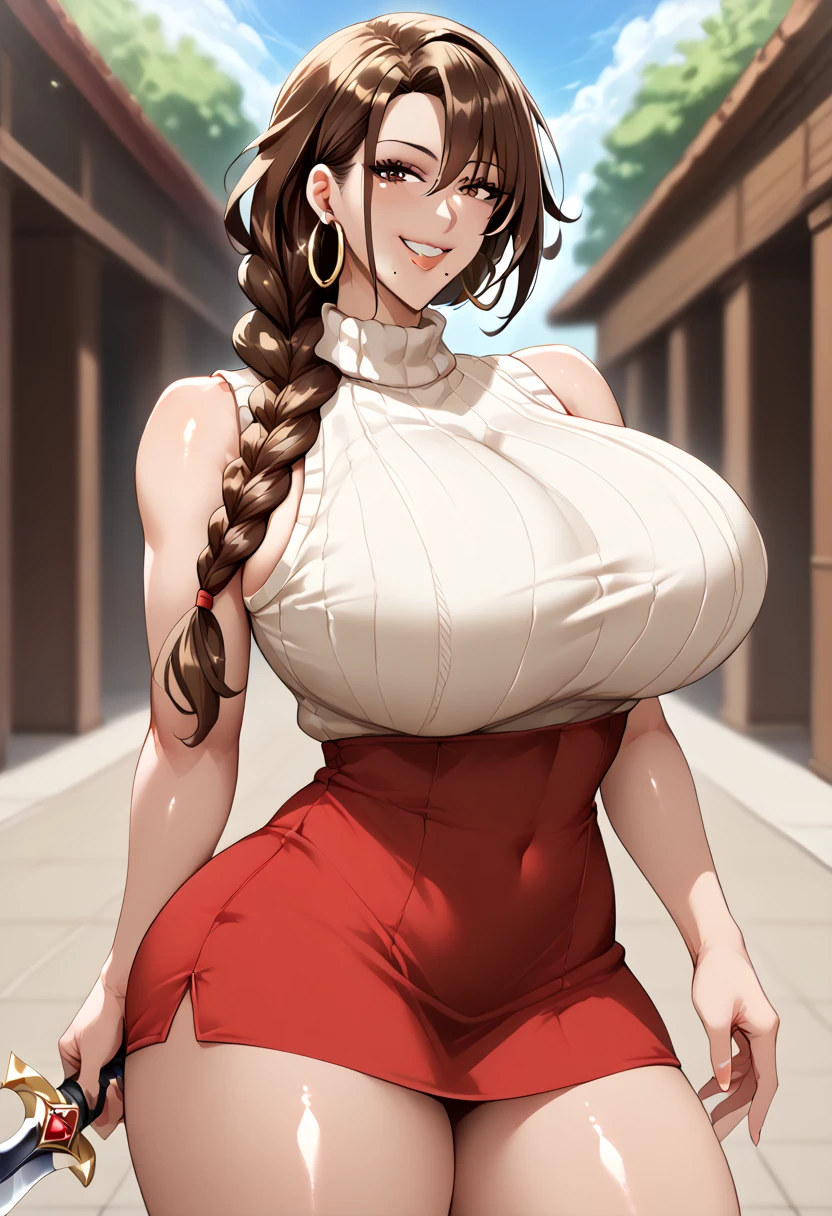    detailed face   ,    Detailed Body Rendering   ,   Alone、  masterpiece ,    High Quality   , 8k,    hoop earrings   ,   depth of field,   is standing,shiny skin, ( mini dress)、 brown hair ,  Single Blade ,    is standing、  ((  do  ,)),  Thigh Thickness, shiny skin,SKINNING   ,{{{{{   game cg}}}}},, 最   High Quality   ,    High Quality  ,    Very Sophisticated   , , shiny skin,((Big Breasts:1.2)),(   Rib Knit Sweater),(  sleeveless),(curvy ),Bitter smile,30th Generation,(((single braid)),((mole under mouth))