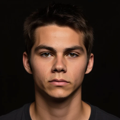 Young man. The image is a high-resolution photograph of a young man with a serious expression. He has short, which stands out against his otherwise neutral-toned face. His eyebrows are well-groomed, with his lips slightly parted., Young man. The image is a high-resolution photograph of a young man with a light skin tone and short, against a dark, natural look., gentle demeanor.Solo, Riso, Obra-prima, Capuz, 