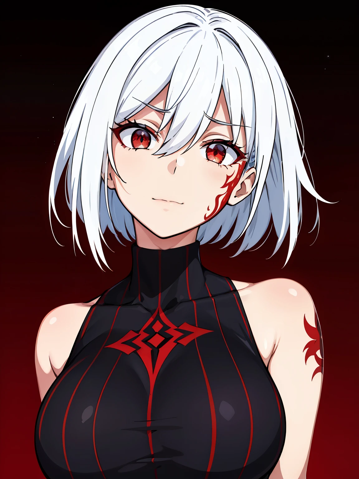 anime girl, short white hair, red eyes, black outfit