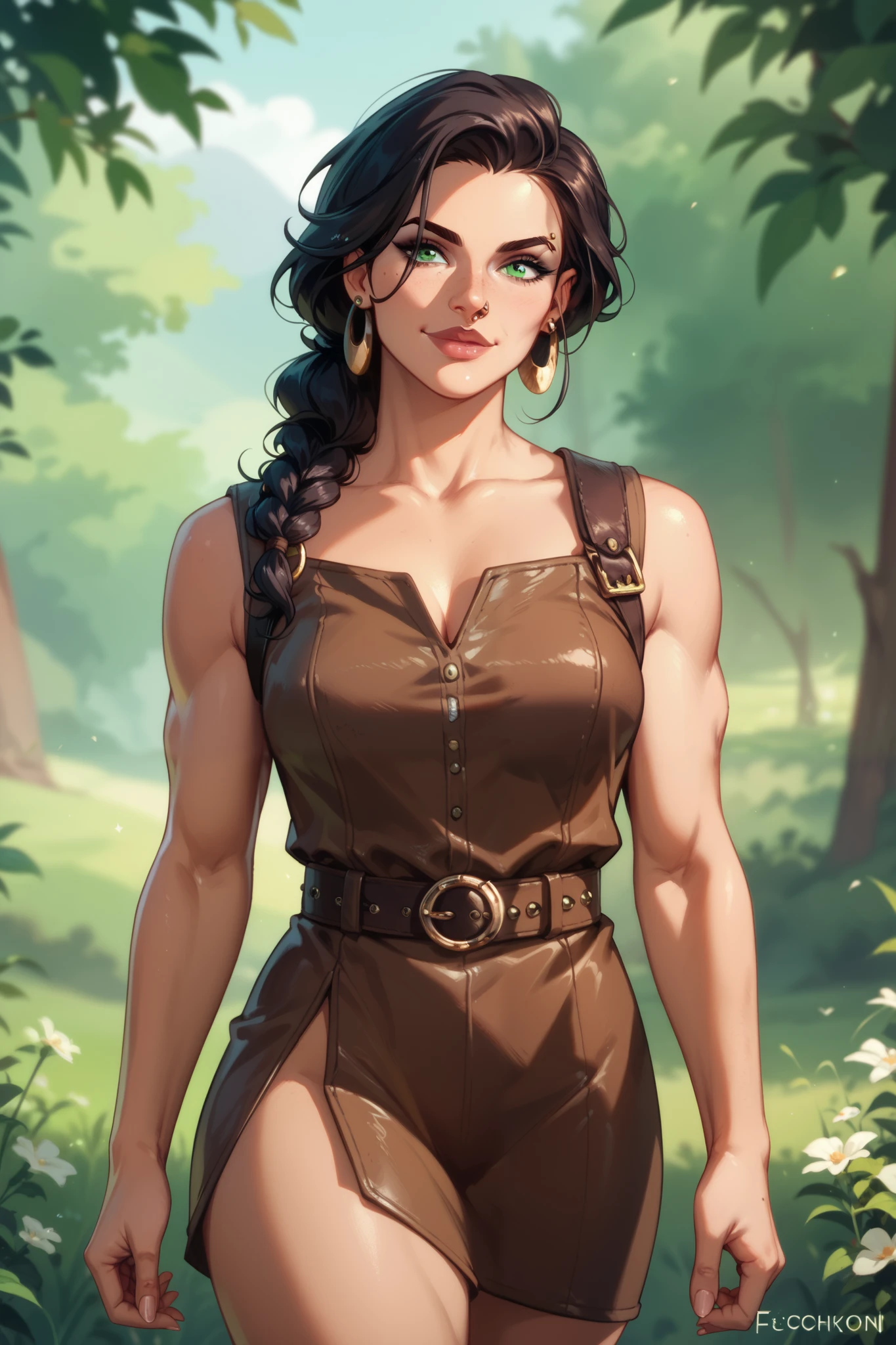 cavewoman,  brown doeskin tunic,  leather belt, moccasins, hair black rich,  high cheekbones, proud nose, piercing green eyes, outdoor meadow background