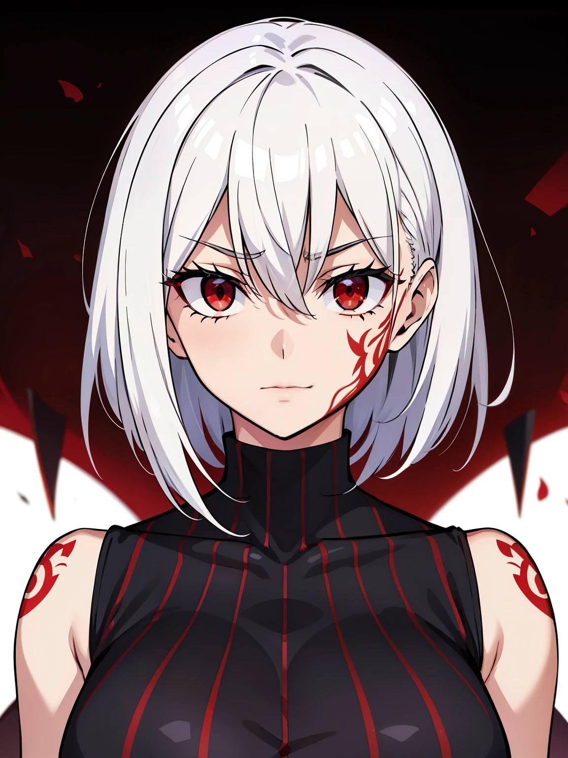 (high-quality, breathtaking),(expressive eyes, perfect face) 1female, girl, solo, young adult, short hair length, white hair, red eyes, black background, symmetrical eyes, portrait, symmetrical body, centred composition, simple background, cold expression, villain, ominous mood, red markings, red tattoos, sleeveless turtleneck shirt, confident, smug, pattern stars shirt
