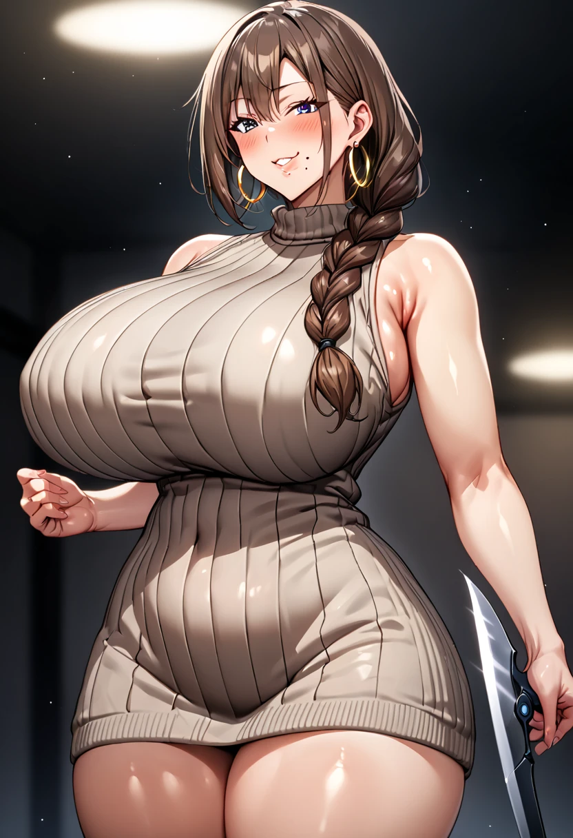    detailed face   ,    Detailed Body Rendering   ,   Alone、  masterpiece ,    High Quality   , 8k,    hoop earrings   ,   depth of field,   is standing,shiny skin, ( mini dress)、 brown hair ,  Single Blade ,    is standing、  ((  do  ,)),  Thigh Thickness, shiny skin,SKINNING   ,{{{{{   game cg}}}}},, 最   High Quality   ,    High Quality  ,    Very Sophisticated   , , shiny skin,((Big Breasts:1.2)),(   Rib Knit Sweater),(  sleeveless),(curvy ),Bitter smile,30th Generation,(((single braid)),((mole under mouth)),blush,Kind Face