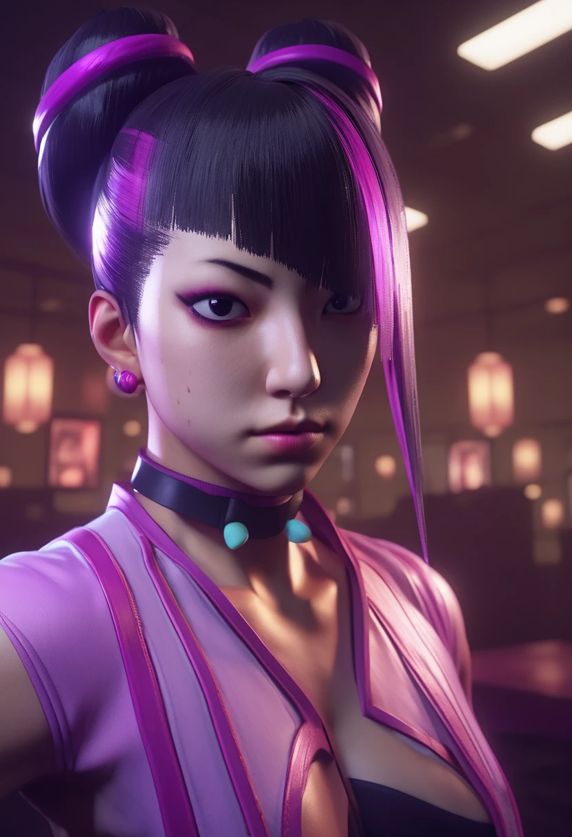 (masterpiece, best quality:1.2), 1girl, solo, Juri Han from Street Fighter 6, Standing in the center of a dimly lit room is Juri. Her hair is styled into two large buns on either side of her head, with pink and purple streaks adding a pop of color to her dark locks. She looks directly at the camera, her expression serious but intriguing. She is dressed in an outfit that contrasts sharply with the muted tones of the room. The top half of her body is white, adorned with pink and purple accents that echo the colors of her hair. A choker around her neck adds a touch of elegance to her look. The background is blurred, drawing the focus to her, but it appears to be an indoor setting with large windows letting in natural light. The overall atmosphere suggests a scene from a video game or a stylized photograph.