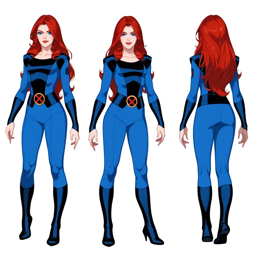 ((full body shot, standing, feet on the ground))Jean Grey X-Men x-men, ((character design sheet)), masterpiece, best quality, highly detailed, score_9, score_8_up, score_7_up, score_6_up, anime source,BREAK, 2 woman,  long hair, blue eyes, flower, hair bow, small breasts, bow, looking at viewer, freckles, parted lips, smile, full body, red lips, lips, boots leather ballet slipper, side-front, She looks at you, your gauze hurts, fishnets, white background, neutral cast, dance pose
