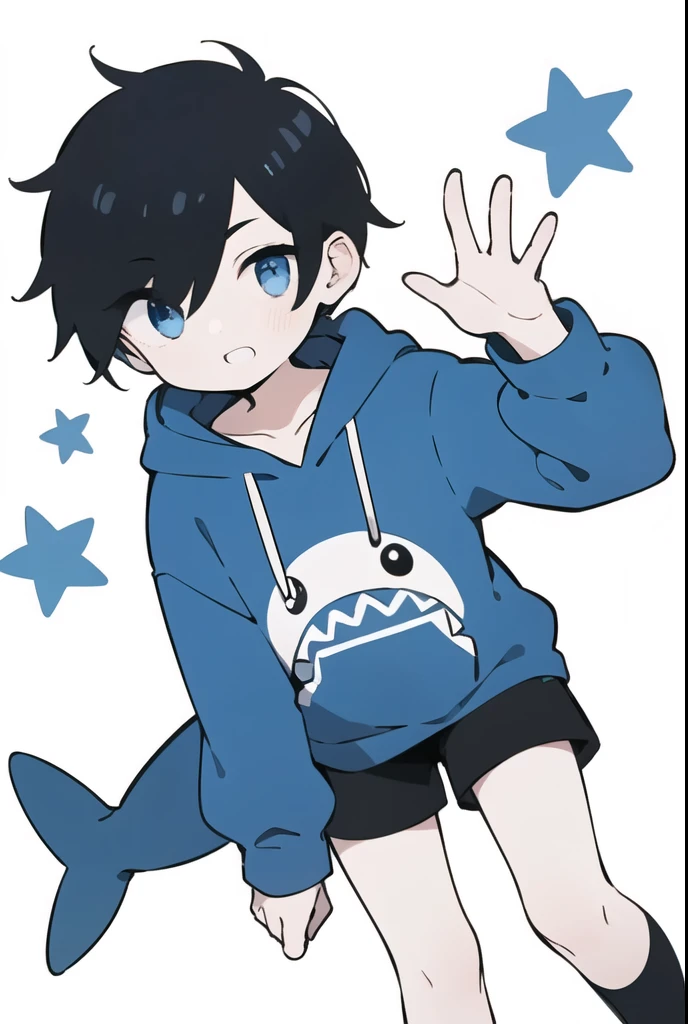 outfit:

 He wears a dark blue hoodie decorated with white teeth and eyes,  resembling a shark or similar creature .

 Short dark shorts that match the sweatshirt .

 High white socks decorated with blue stars .

 White shoes with dark details .


Aspect:

 black hair,  short and with a fringe that covers one of his eyes .

 big eyes,  one of them visible with a striking purple color .

It has a stylized design,  similar to an animated or artistic character .


Age:

He appears to be a young person , probably between  ,