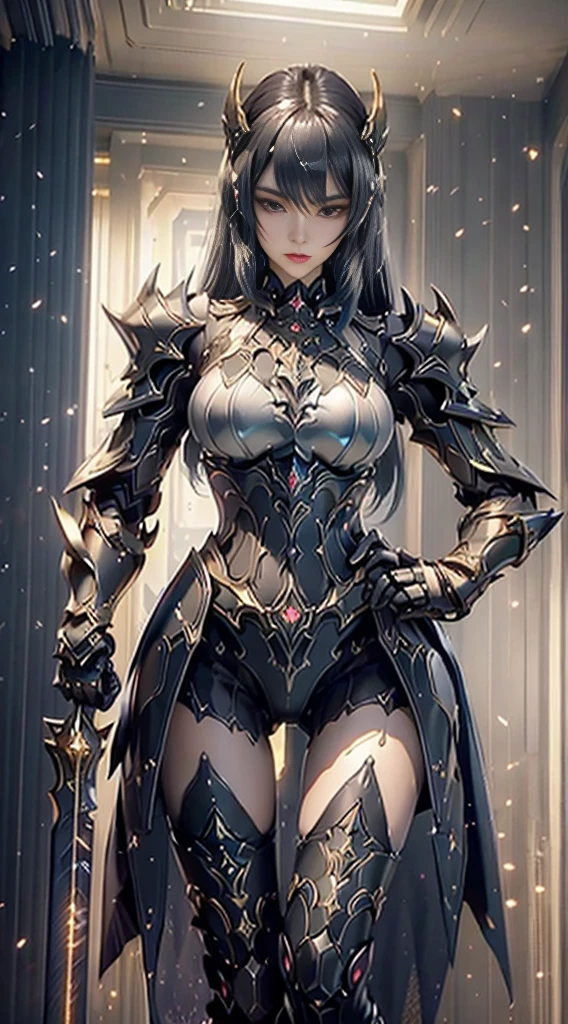 ((  Unreal Engine 5)),  Realistic depiction ,  Steel Armor , cloak,  beautiful face, makeup,  surreal UHD face , ( big ),   slim waist  ,   sexy body , Warrioress, Stockings,  panty style bottom  , Thong panties, 25 years old,   black hair,  Upper body and abdomen display , gauntlet , 